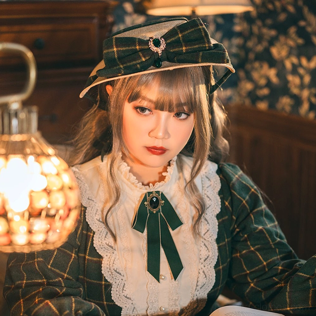 Handcrafted lolita headdress in plaid pattern variation, showing color coordination with matching lolita dress outfit, top-down styling perspective