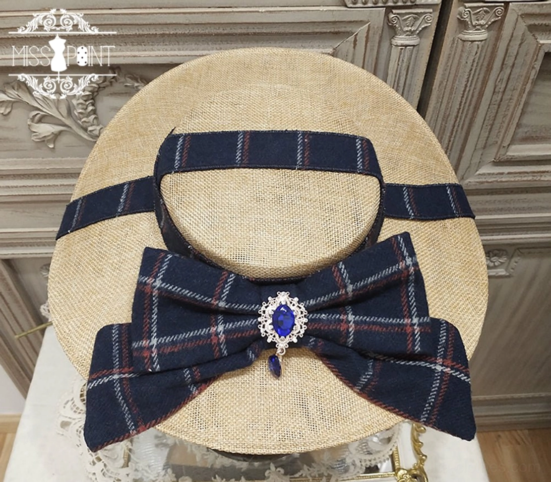 Handcrafted lolita headdress with striped bow pattern and gemstone embellishment, frontal angle highlighting the refined details and color coordination options