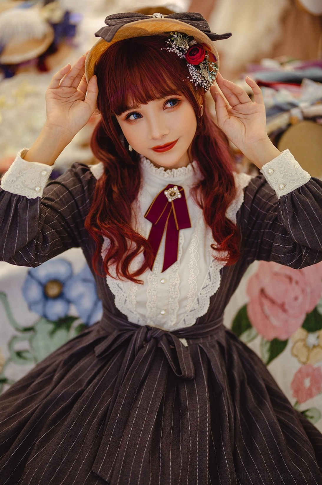 Classic Lolita OP dress waist belt and tie coordination showing complete three-piece ensemble styling and proportion