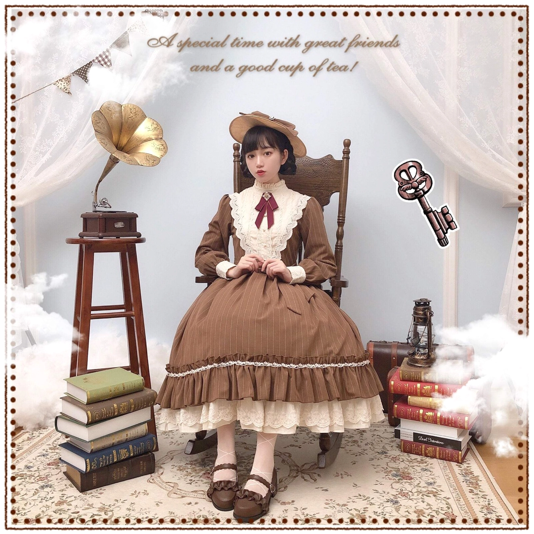 Vintage Classic Lolita OP dress styled with traditional bonnet, demonstrating authentic Victorian-inspired Lolita aesthetic coordination