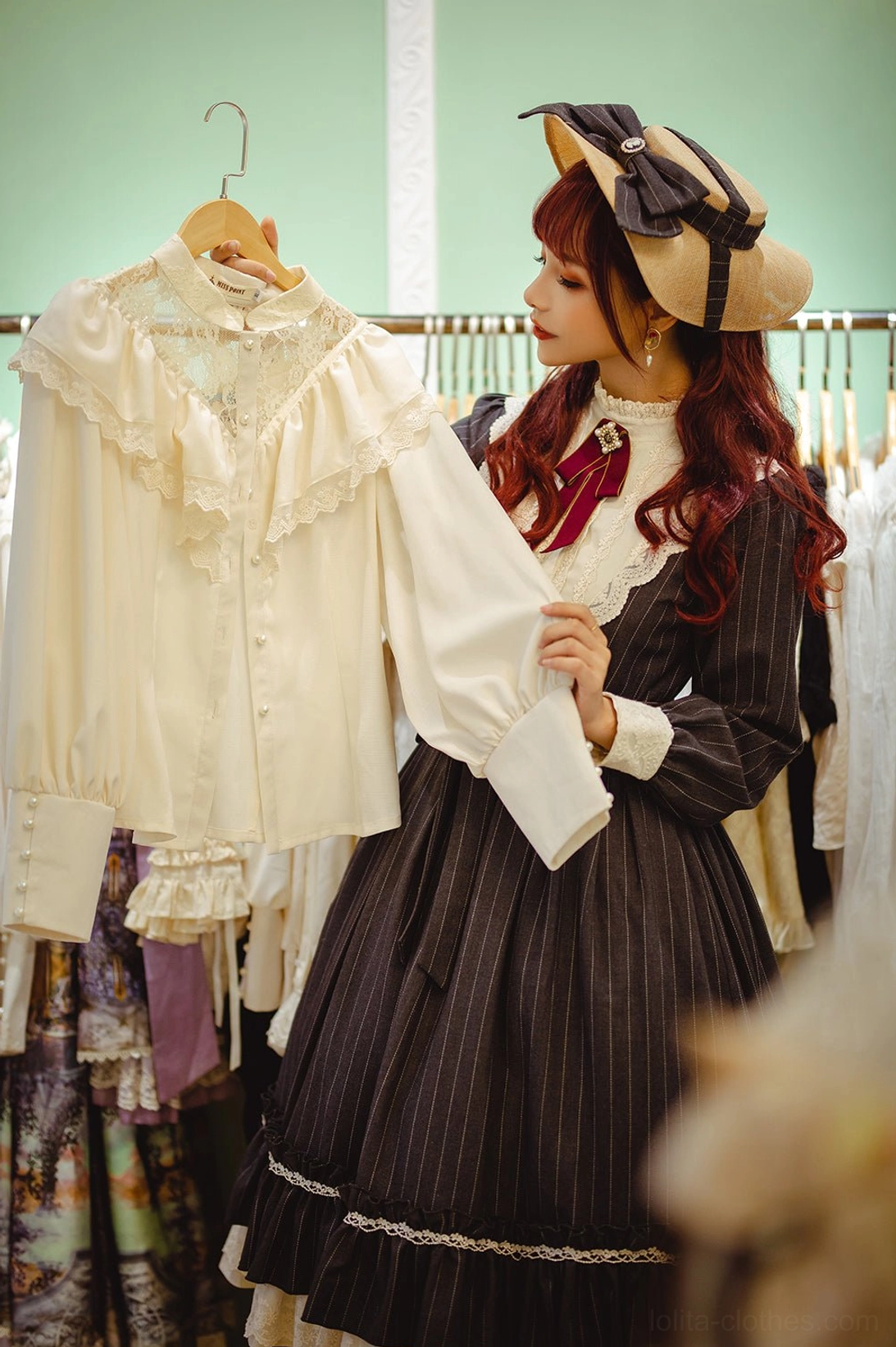 Vintage Classic Lolita one-piece dress worn with Mary Jane shoes and lace stockings, complete coordinate aesthetic styling demonstration