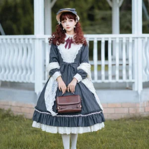 Rose Silhouette Vintage Classic Lolita OP dress in smoked grey striped fabric with white lace collar and ruffled hem, full front view worn in garden pavilion setting with matching bonnet