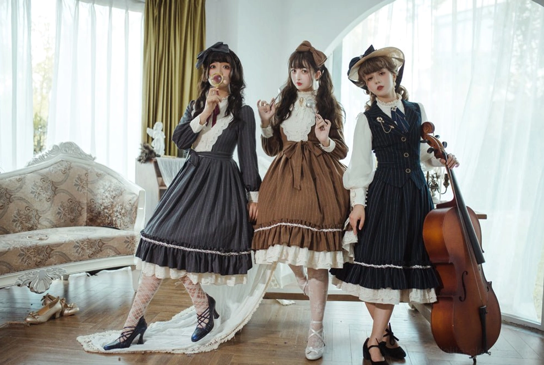 Vintage Classic Lolita one-piece dress modeled for scale reference showing dress length proportions and fit on human form