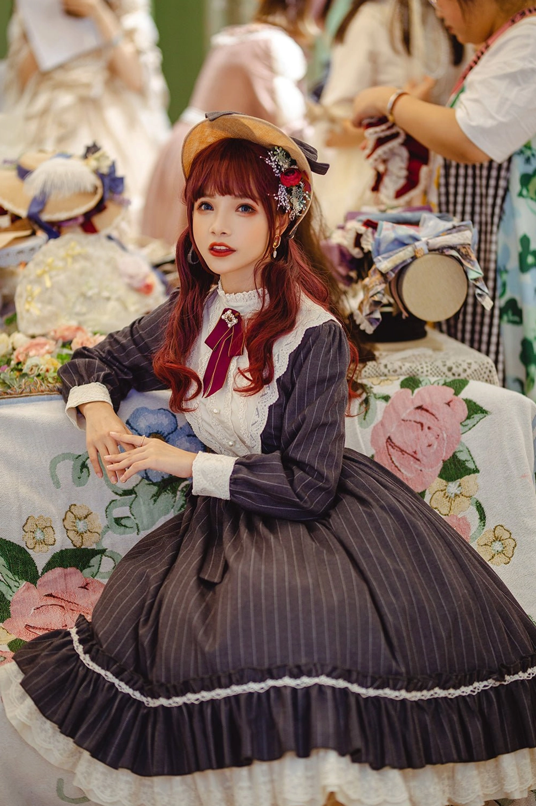 Mocha striped Vintage Classic Lolita OP dress full front view with coordinating bonnet and accessories, showing warm brown tone color option