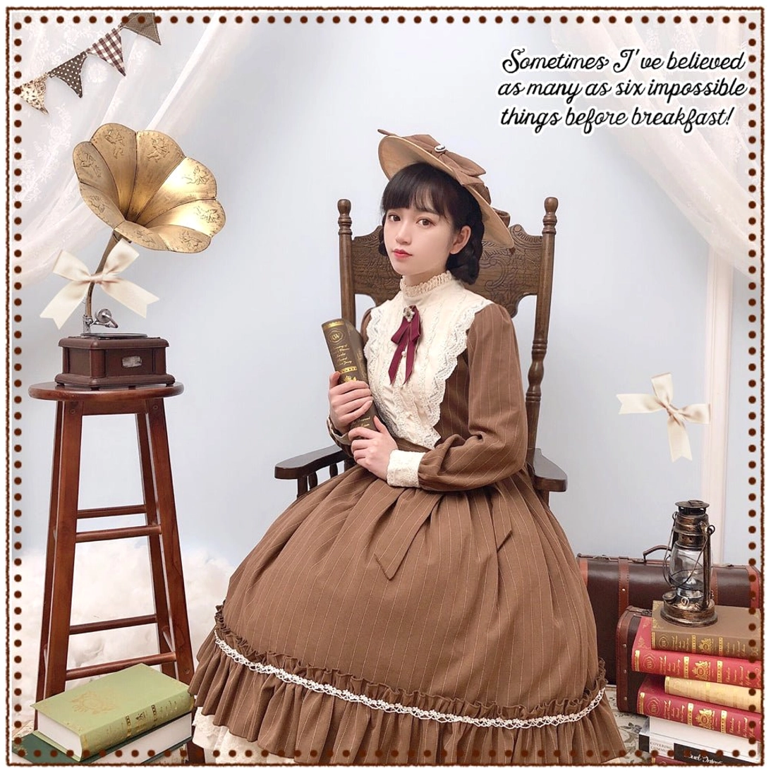 Classic Lolita one-piece dress photoshoot in garden setting with vintage props, demonstrating elegant outdoor photography aesthetic