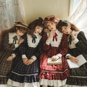 Four color variants of Rose Silhouette vintage plaid Lolita one-piece dress with matching hats displayed on models indoors