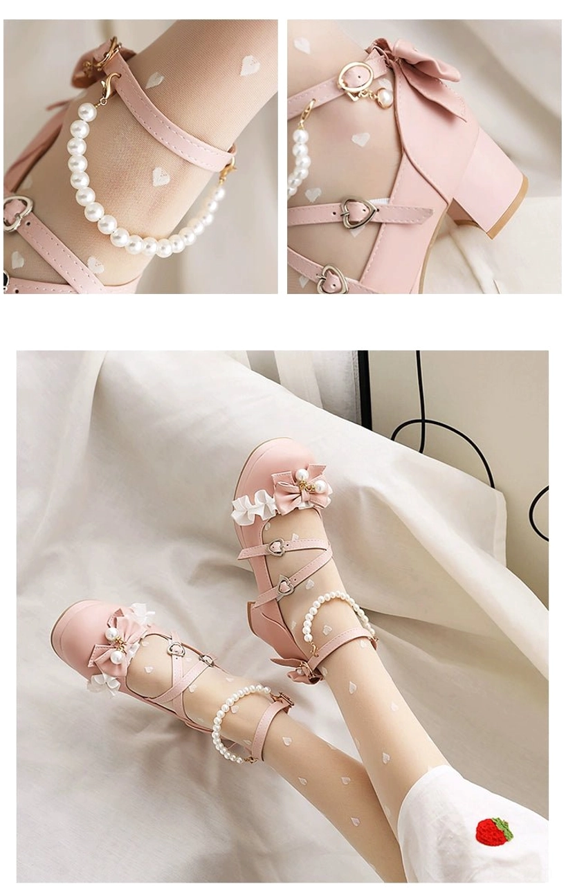 Round-toe sweet lolita heels sole and heel construction detail showing anti-slip rubber sole design, chunky block heel profile, durable construction, shoe code LOL-SHO-436, and wearability features