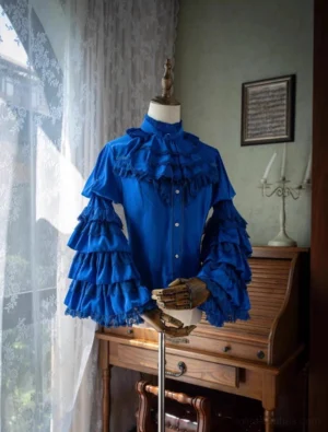 Royal blue Gothic Lolita blouse layered ruffles trumpet sleeves stand collar lace trim pearl buttons satin finish mannequin