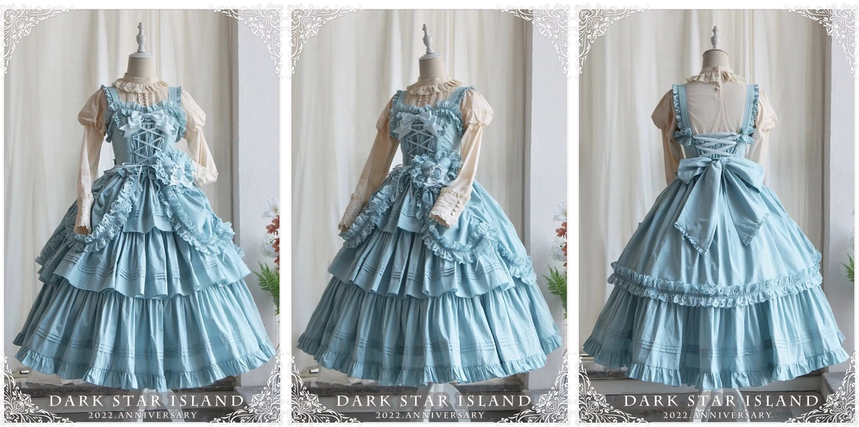 Back full-body mannequin shot of royal blue Gothic Lolita JSK featuring large detachable back bow, open back strap design, and elegant layered ruffled hem