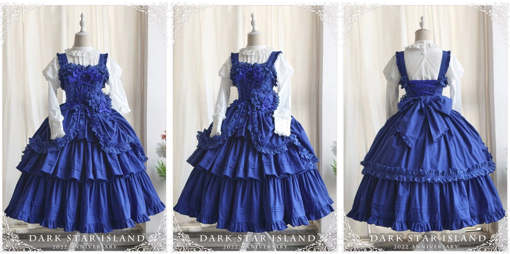 Front full-body mannequin shot of royal blue Gothic Lolita JSK with sleeveless shoulder straps, ruffled lace bodice, and tiered ruffled skirt hem