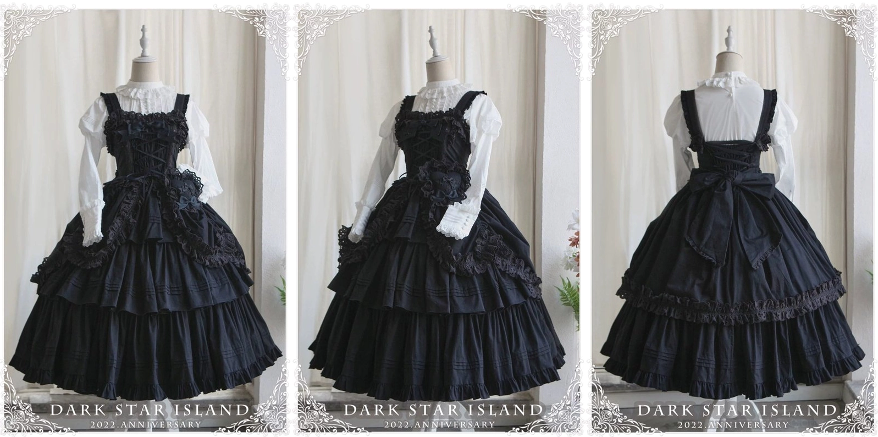 Three-quarter side view of royal blue Lolita JSK on mannequin showing adjustable shoulder straps, smooth satin fabric, and delicate ruffled construction