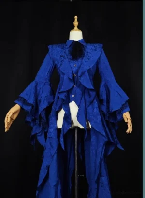 Royal blue Ouji Lolita dress form display showing complete front profile with asymmetrical layered ruffled hem, buttoned closure, black neck bow, and jacquard stand collar detail