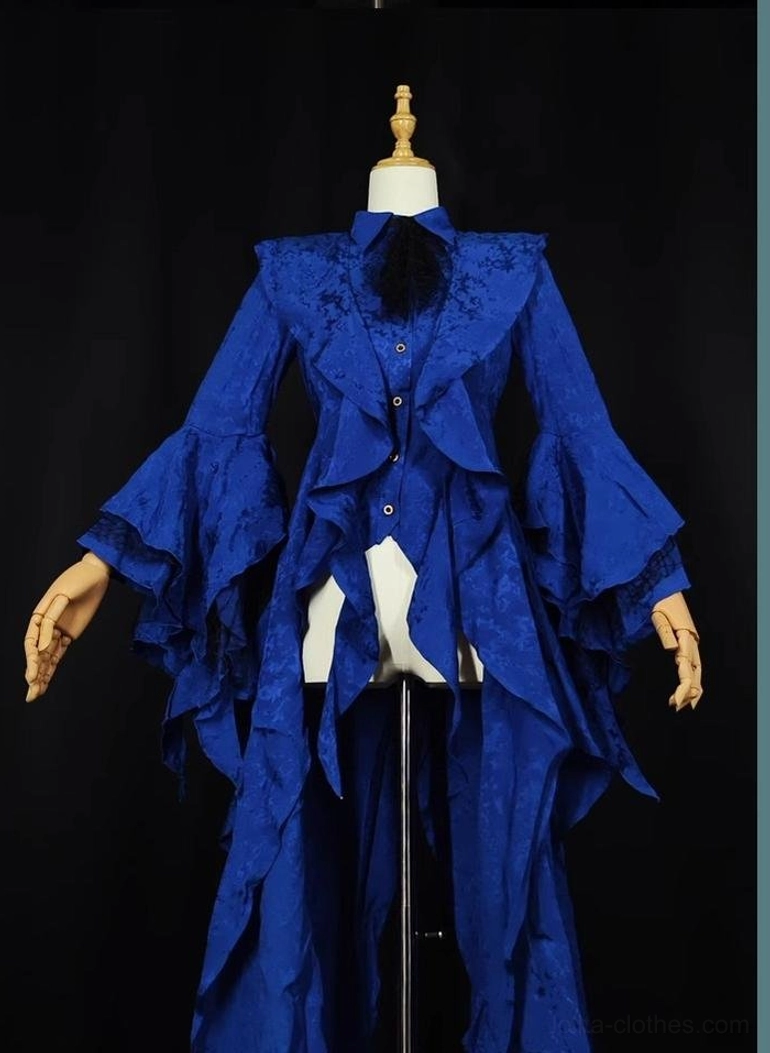 Royal blue Ouji Lolita dress form display showing complete front profile with asymmetrical layered ruffled hem, buttoned closure, black neck bow, and jacquard stand collar detail