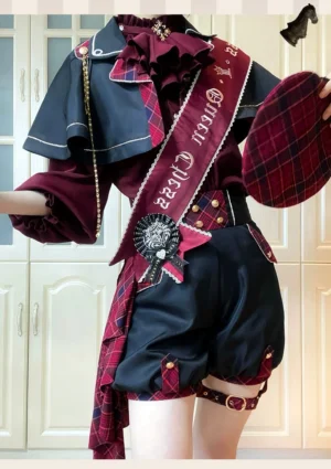 Royal Chess Ouji Lolita cape shirt shorts set complete collection front flat lay display plaid details