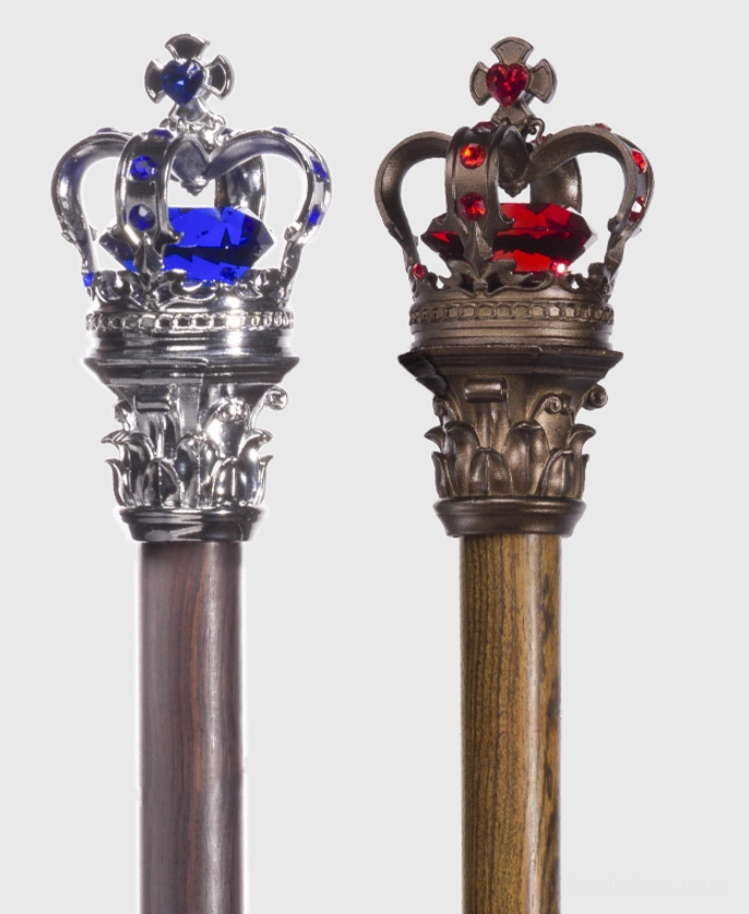 Comparison of two royal lolita scepter styles side by side, silver crown with blue gem dark pole and bronze crown with red gem wood-grain pole
