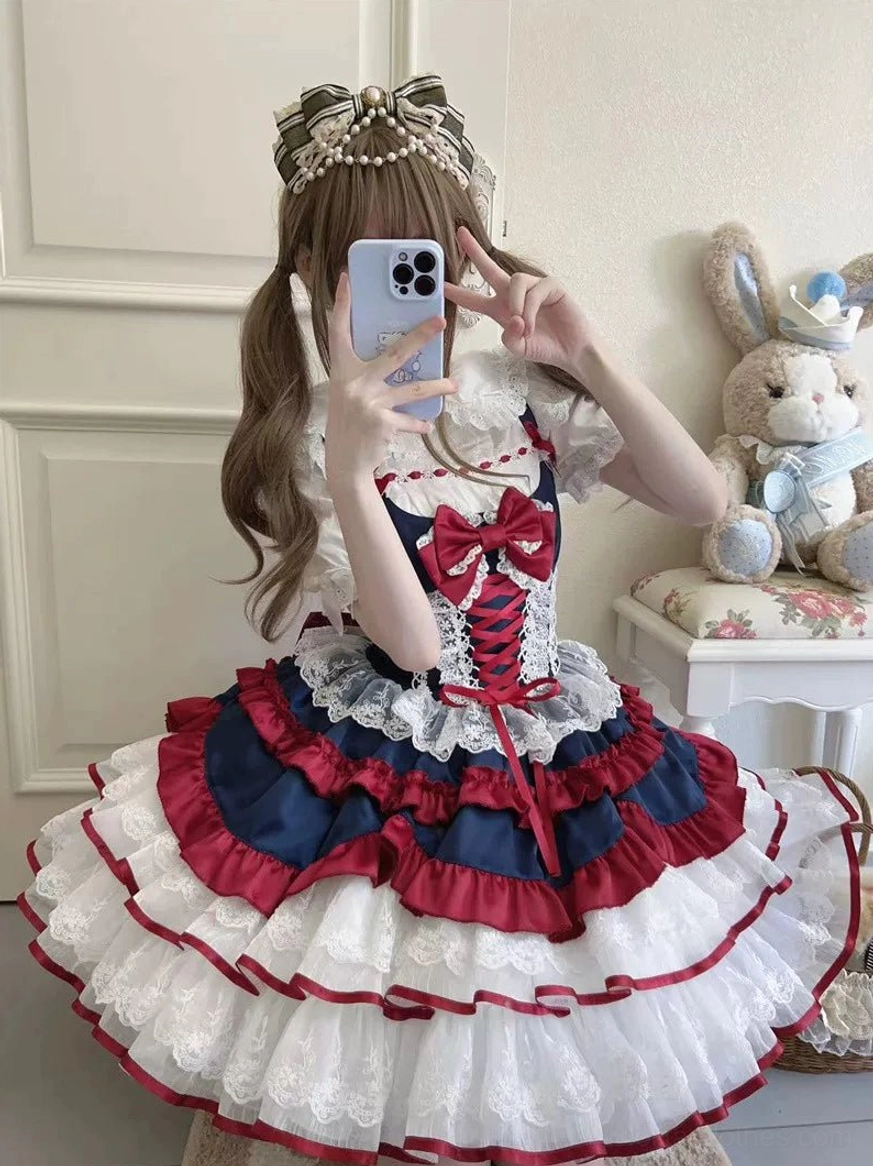 Navy blue red royal sweet lolita dress model back mirror view brown twin tails crown accessory cozy room tiered ruffled skirt red bow