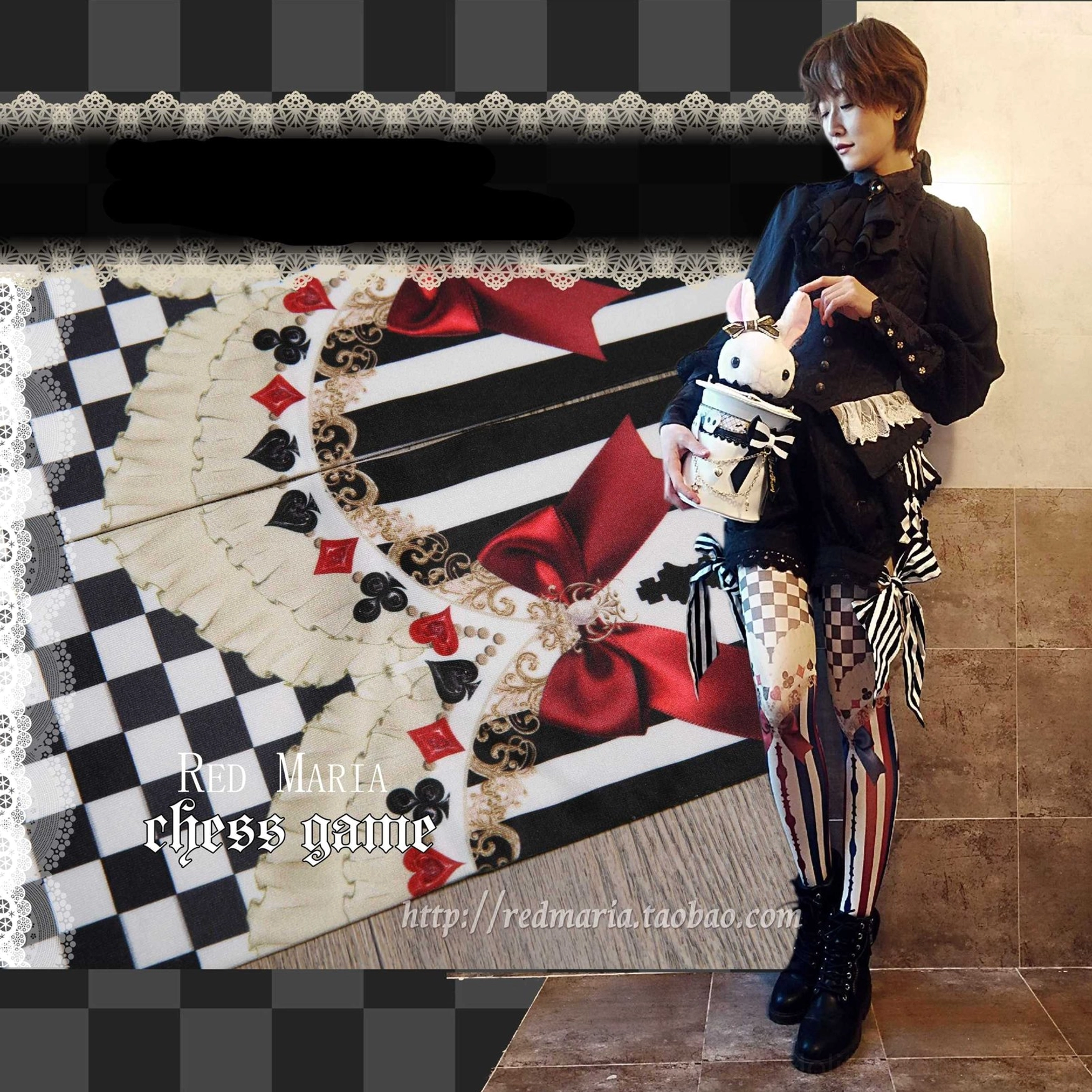Full body side view of model wearing Royalty Game Chessboard gothic lolita tights with asymmetric chess and playing card print coordinated with black gothic outfit