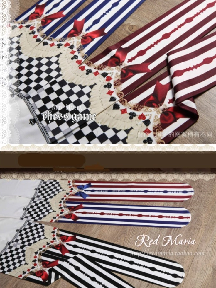 Close-up overhead flat lay of Royalty Game Chessboard Lolita Tights fabric showing intricate checkered patterns, vertical stripes, red bow ornaments and playing card suit motifs