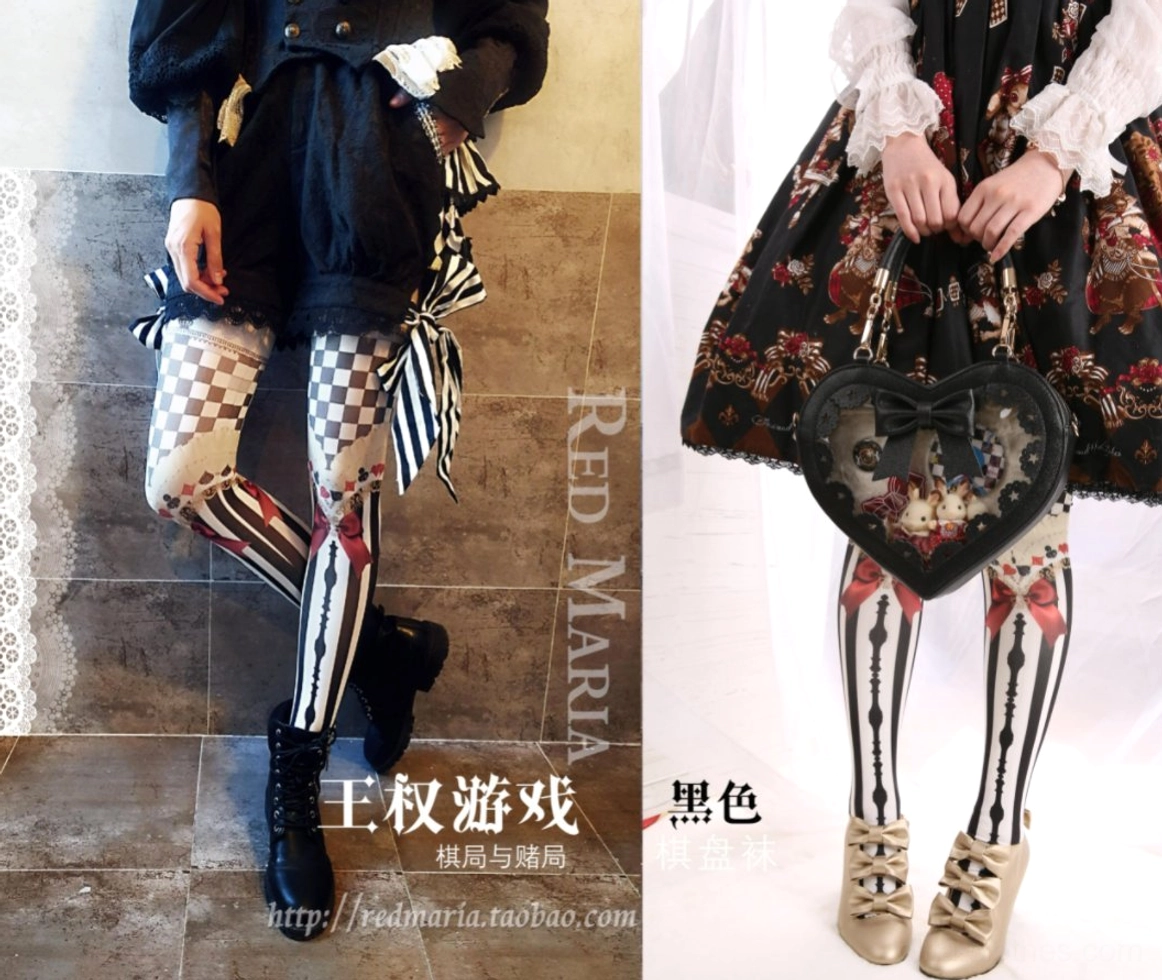Front standing view of model wearing black Royalty Game Chessboard Lolita Tights with vintage floral gothic lolita dress showcasing checkered and stripe prints
