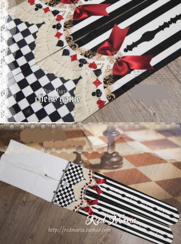 Flat lay of Royalty Game Chessboard Lolita Tights packaging on wooden chessboard styled surface showing product details