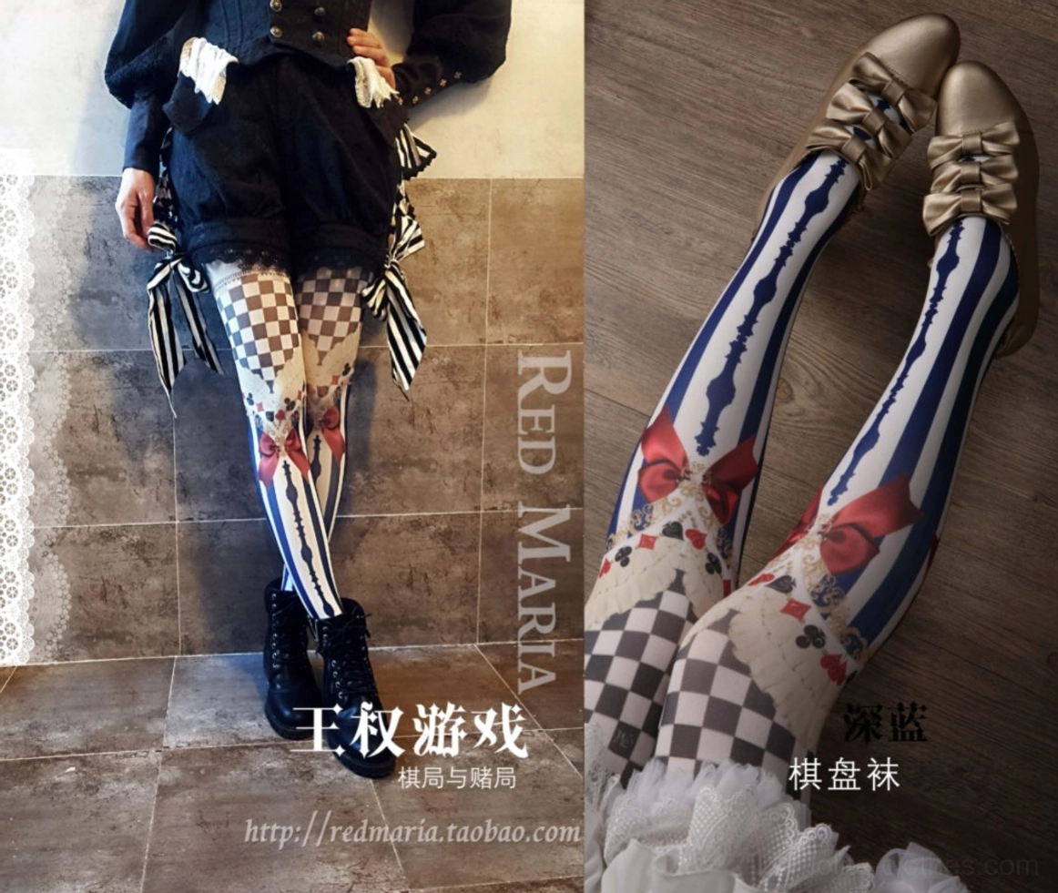 Split view of model wearing navy blue Royalty Game Chessboard Lolita Tights in black gothic outfit with white striping and red bow decorations visible