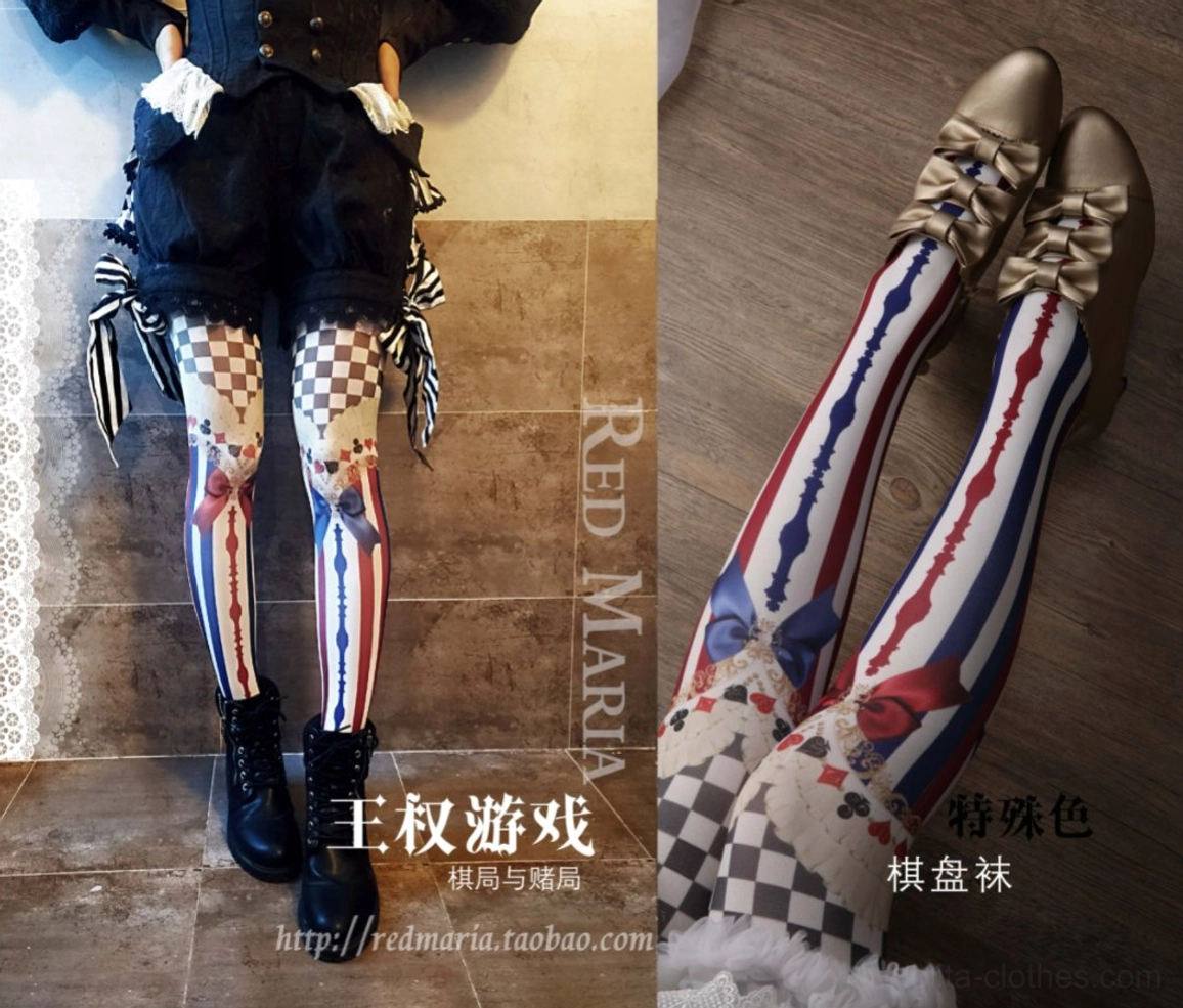 Full leg view of model wearing red-navy special color Royalty Game Chessboard Lolita Tights in black gothic outfit showing dual-tone stripes and pattern details