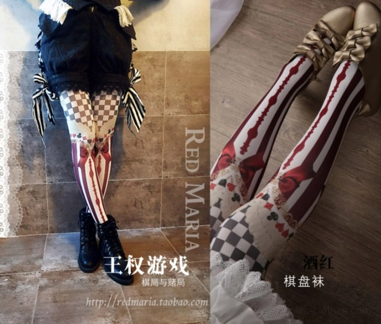 Wine red Royalty Game Chessboard 80D Velvet Lolita Tights with burgundy foundation navy accents checkered overlay and red bow decoration details