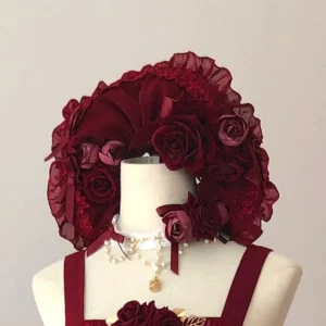 Burgundy rose lace Rozen Maiden lolita BNT bonnet headband with ruffled lace and artificial silk roses, front display view on mannequin