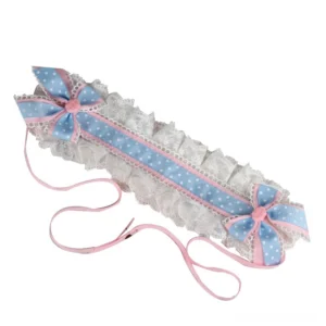 Ruffled lace Lolita headband with white frilled lace, blue polka-dot ribbon, pink-blue bowknots and long tying straps on white plain background
