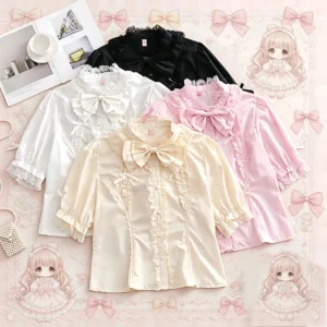 Ruffled sweet lolita blouses with detachable bow tie stand collar showing white beige pink and black color options half puff sleeves lace trim and heart button details aesthetic flat lay