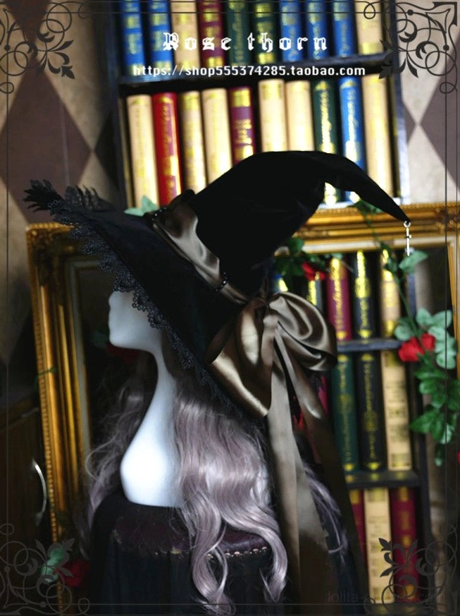 Side view sacred cross witch hat coffee brown ribbon paired with silver-gray gradient wig retro study bookshelf setting