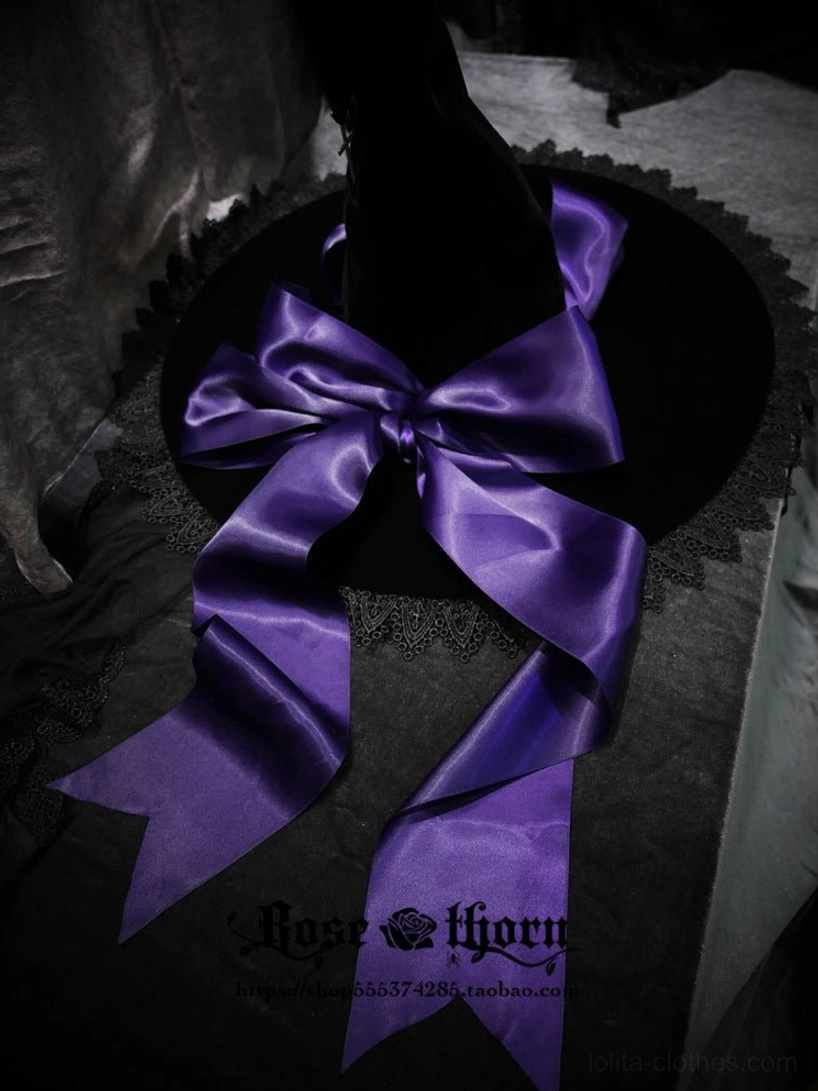 Sacred cross lolita witch hat profile view showing pointed crown metal cross water-soluble lace edging