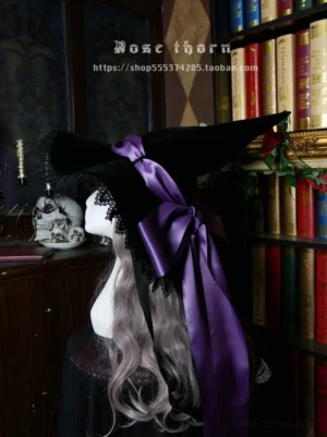 Purple ribbon sacred cross witch hat lolita headpiece displayed on mannequin with silver-gray gradient curly wig in retro study setting