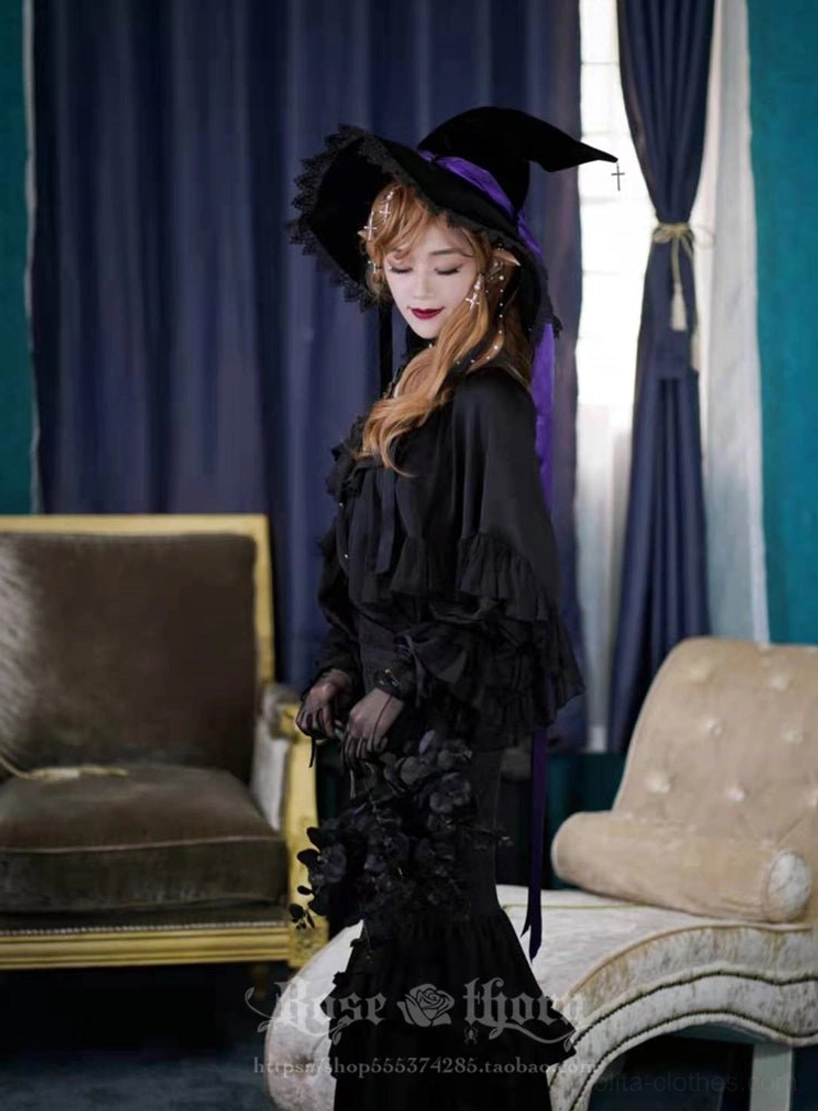 Black witch hat with removable ribbon bow system lolita accessory showing versatility detail