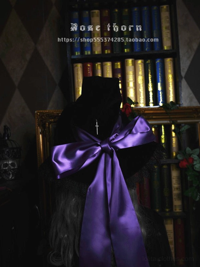 Elegant black velvet sacred cross witch hat close-up texture quality craftsmanship lolita headpiece detail