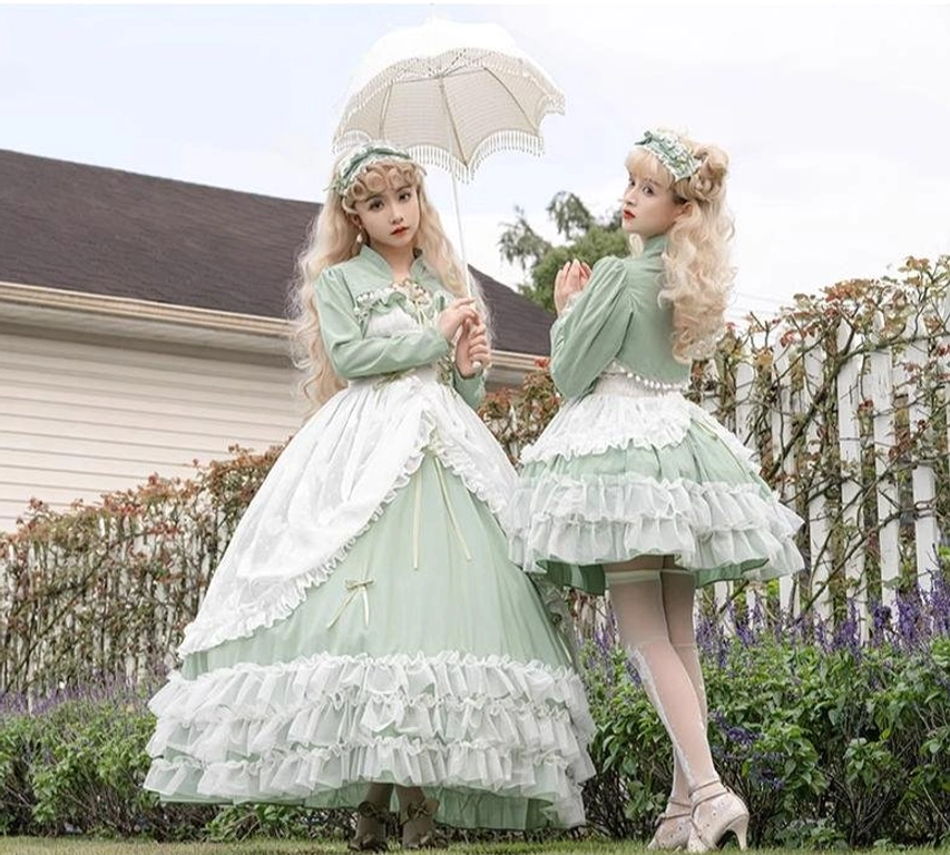 Sage green plus size bridal lolita JSK dress coordinate styling idea with headdress, lace accessories, and coordinating pieces for complete bridal look