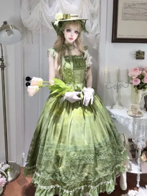 Sage green classic lolita dress two-piece ensemble with square neckline, ruffled bodice trim, and layered tulle skirt, paired with vintage accessories and straw hat