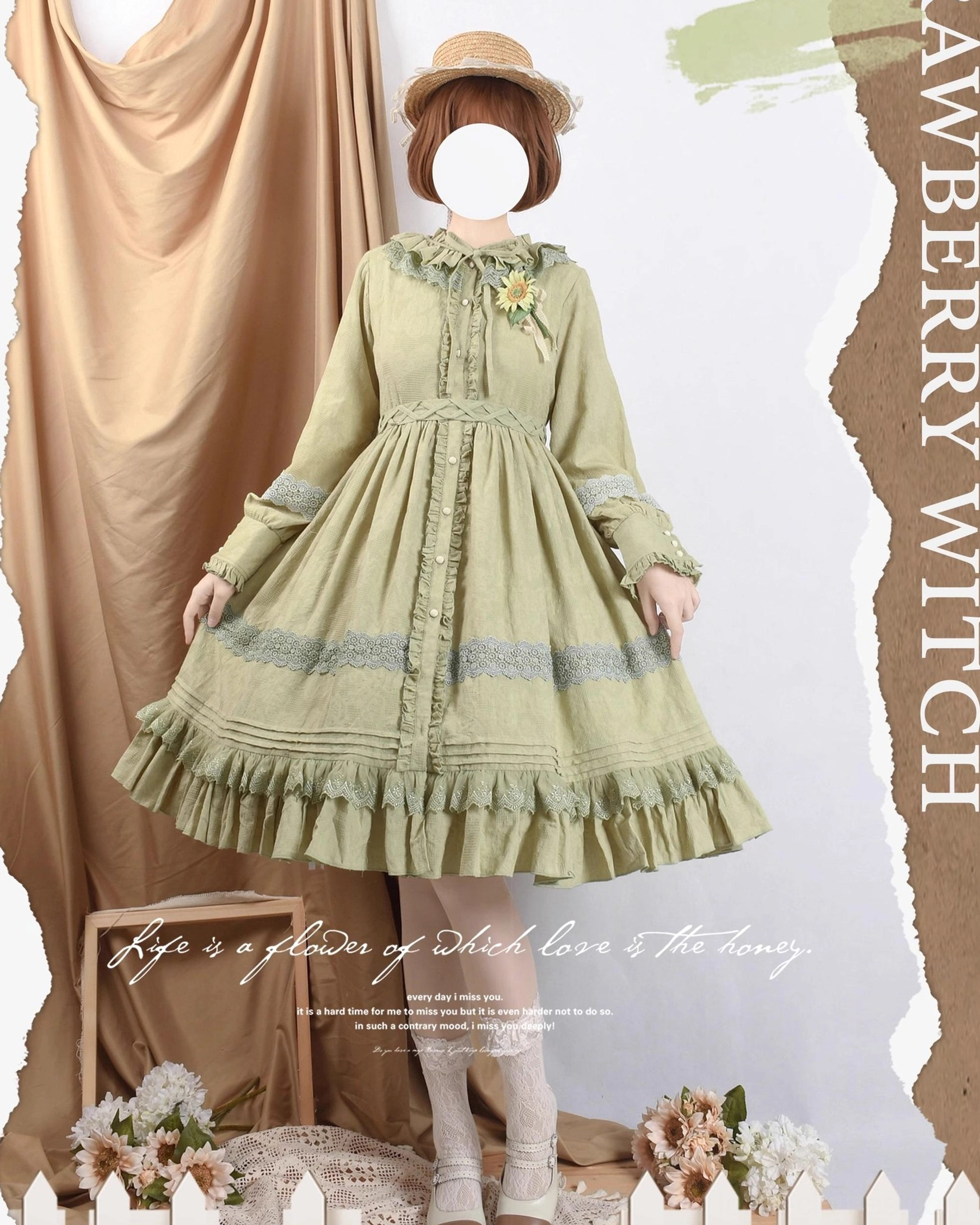 sage green lolita dress three-quarter front view ruffled doll collar small flower pin lace panel skirt lace hem