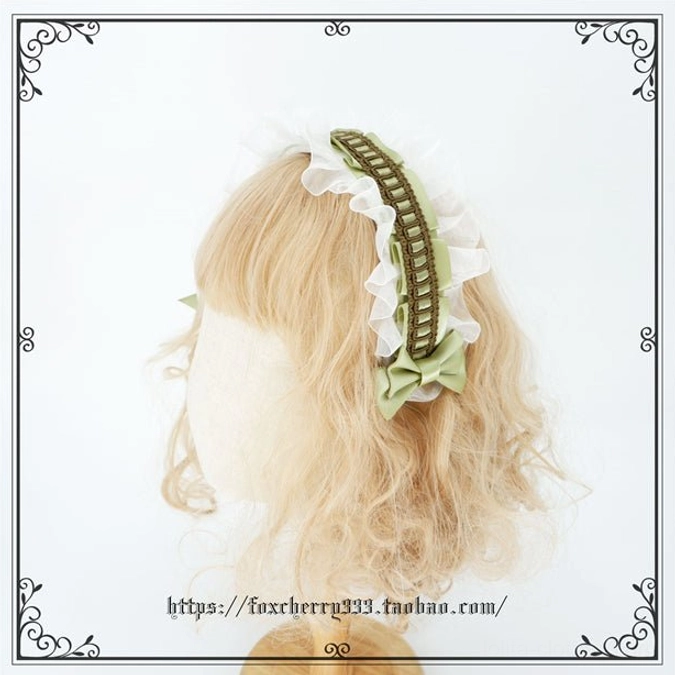 Sage green and ivory Lolita hairband style headdress worn on mannequin showing comfortable fit and styling versatility for daily wear