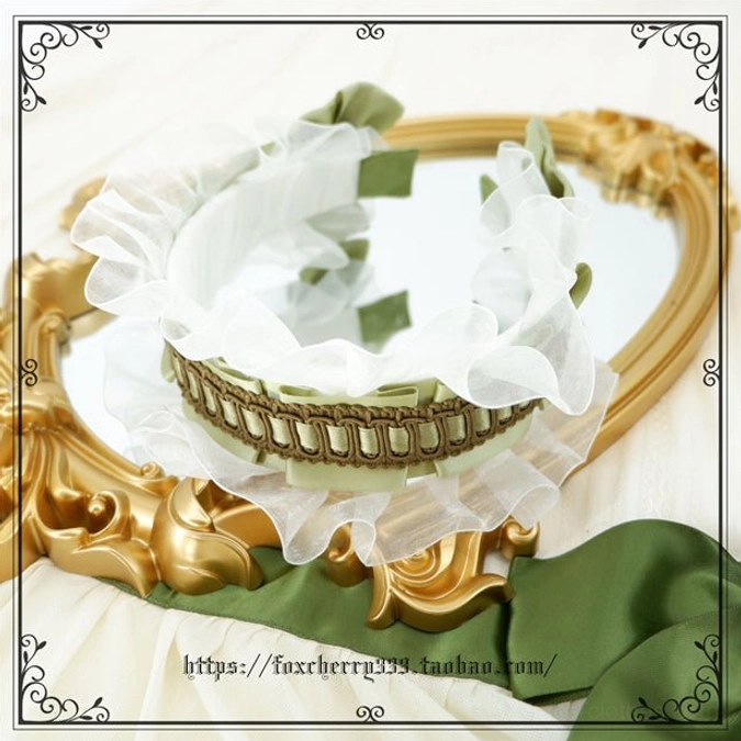Sage green Lolita headdress collection showing multiple style options arranged together with coordinated bow details and pearl ornaments