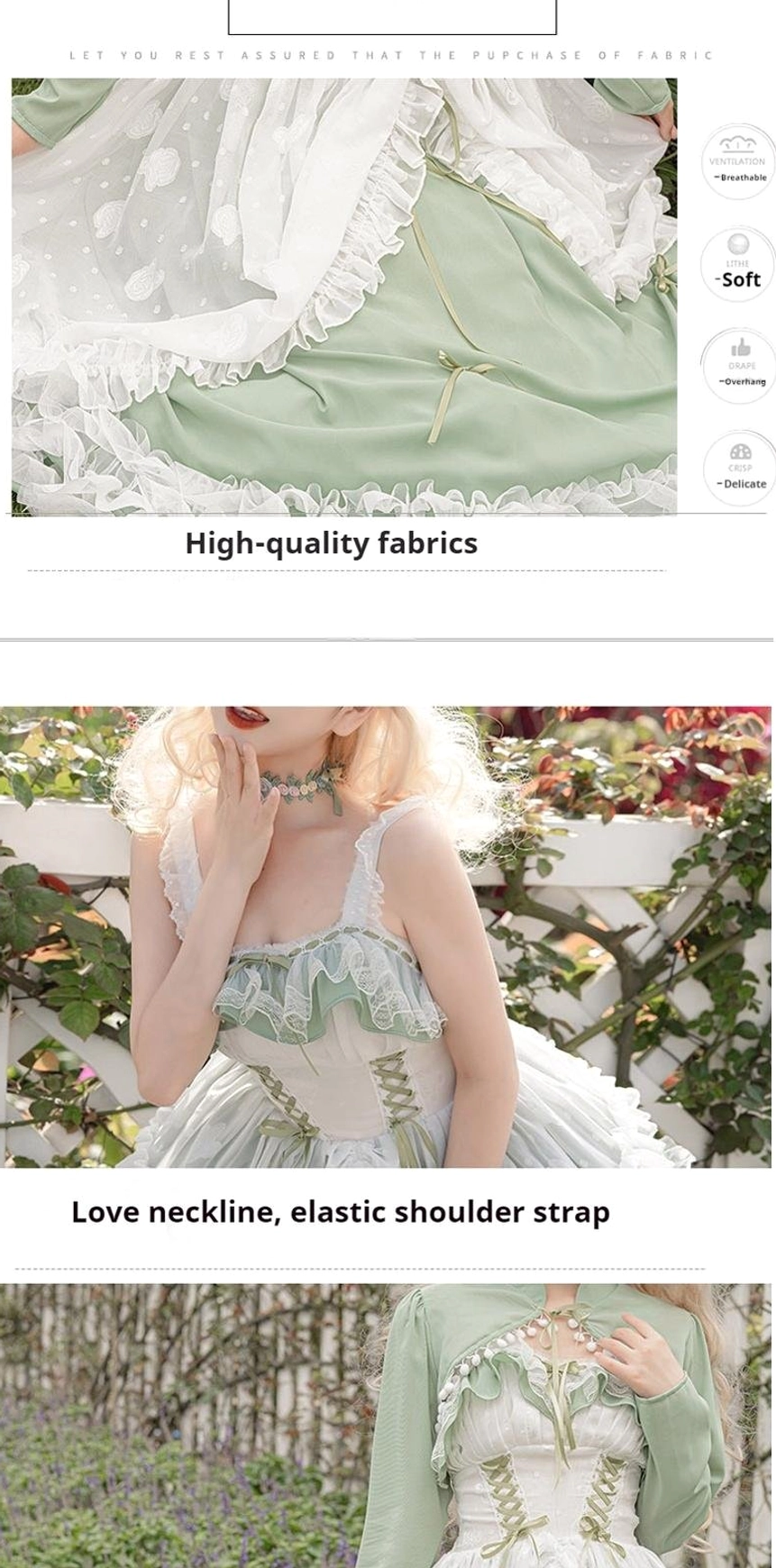 Sage green lolita wedding JSK dress care and maintenance guide illustration showing proper washing, drying, storage, and preservation tips for bridal dress longevity