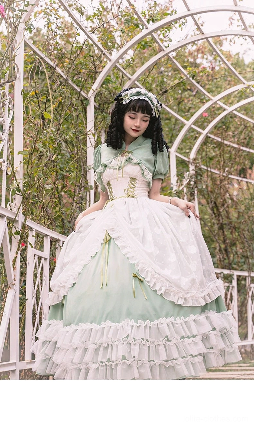 Sage green plus size wedding lolita JSK showing drawstring waistline detail, adjustable corset-style straps, and hourglass figure-flattering silhouette from front angle