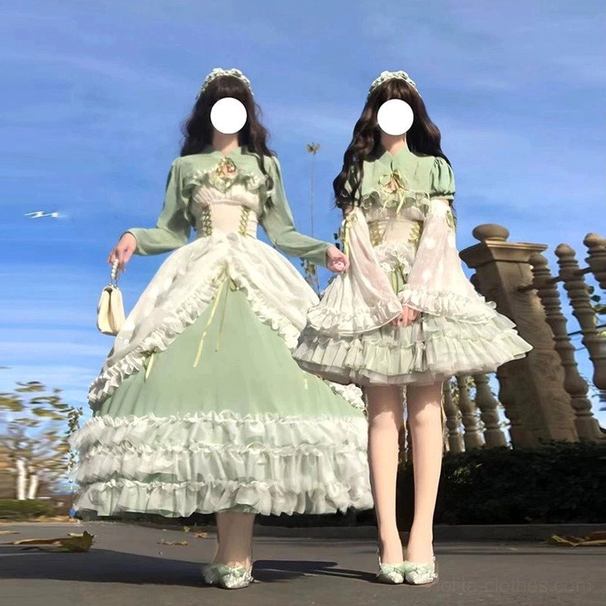 Sage green wedding lolita JSK showing short version silhouette, layered ruffled hem detail, and calf-length skirt option for varied styling versatility