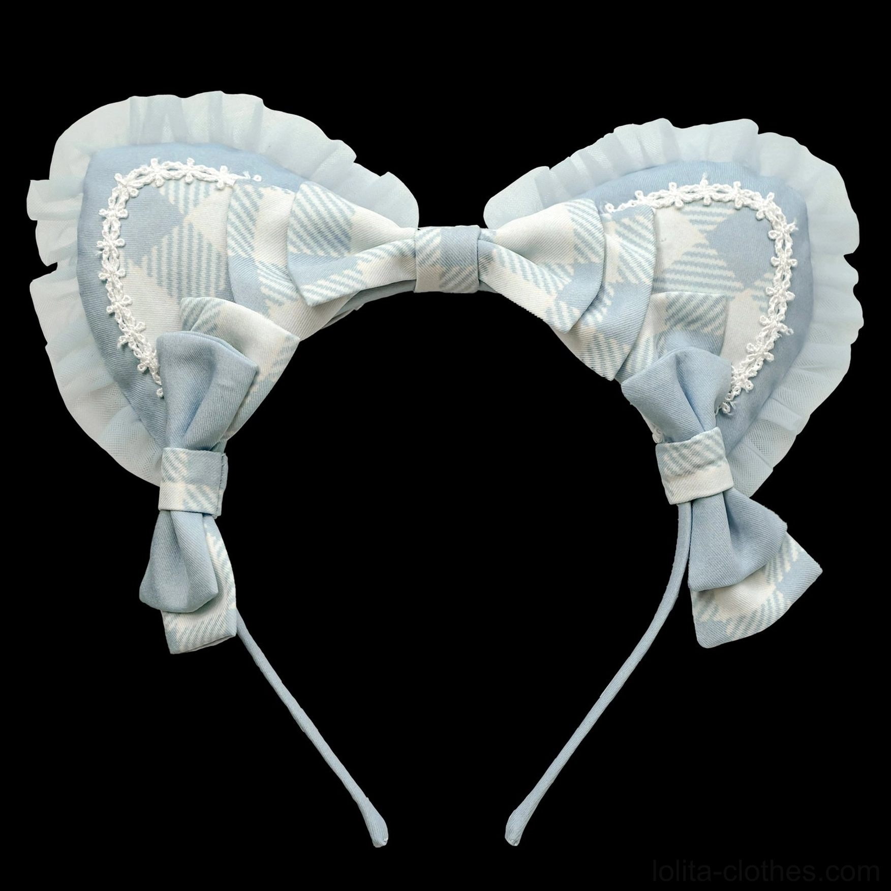 Sage green checkered cat ear KC lolita headband flat lay front view showing ruffled cat ear silhouette with delicate white lace edging