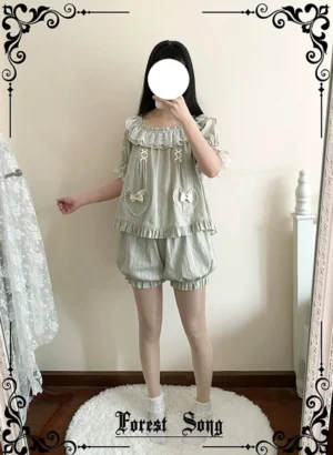 Sage green striped Lolita bloomers short length full-body front standing view displaying lace-trimmed ruffled collar heart bow pocket decorations and ruched top details