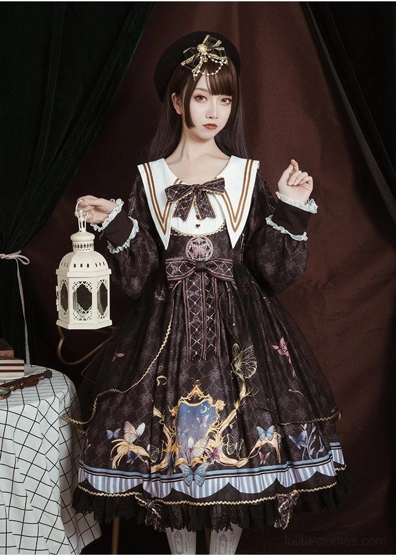 Navy and white sailor collar lolita op dress color comparison flat lay, showing baroque print, detachable bows, waist belt, sailor collar styling