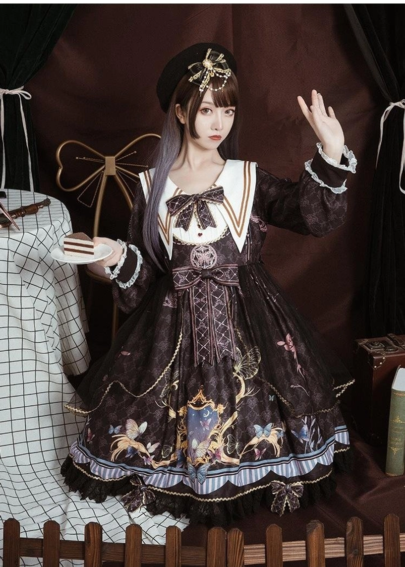 Sailor collar lolita op dress cuff detail showing two layers of ruffles with precision lace trim, four-way stretch linen fabric, detachable bow on sleeve