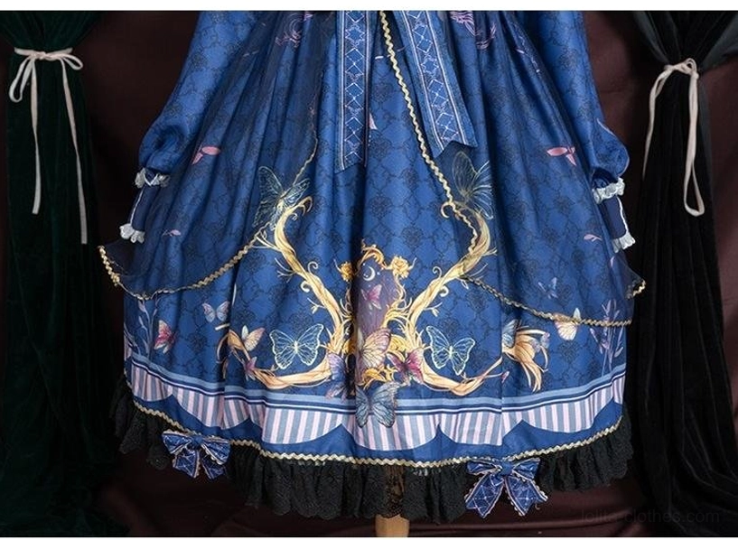 Sailor collar lolita op dress fabric close-up, shiny linen blend with 50D four-way stretch technology, luminous texture, baroque floral print detail