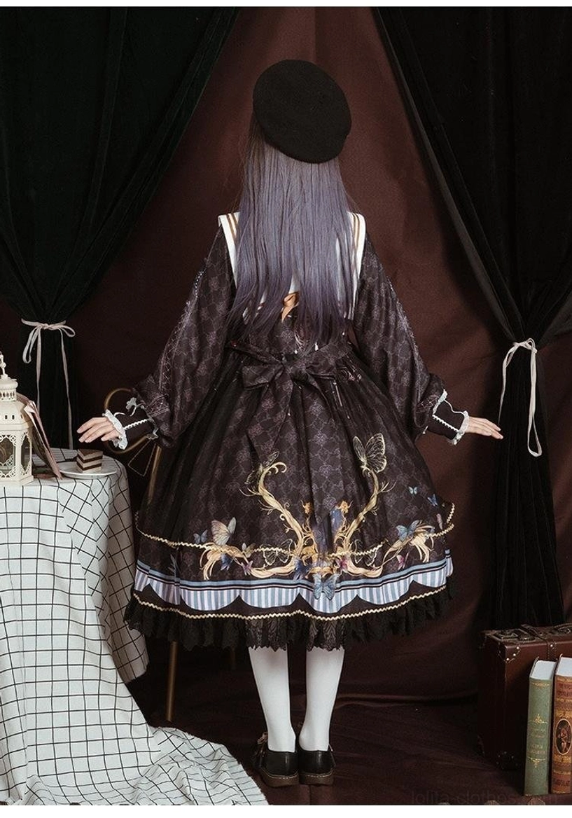 Sailor collar lolita op dress front tulle overlay detail, translucent layer with hand-scalloped borders, creates dimensional depth, vintage-inspired design element