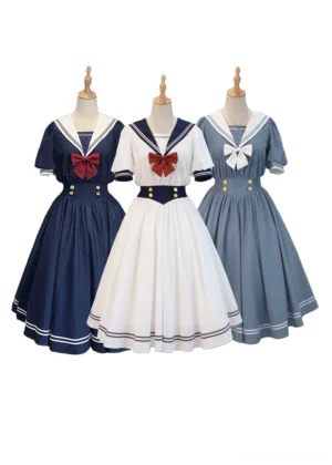 Retro sailor lolita OP dress three color options flat lay display navy dusty blue white mannequin front view